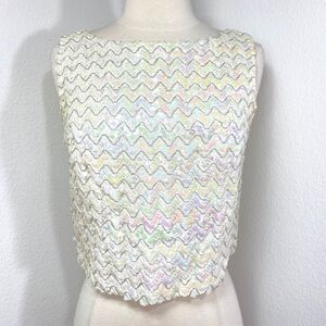 Vintage White Sequin Crop Cocktail Tank Top Medium Glam Evening Date Night